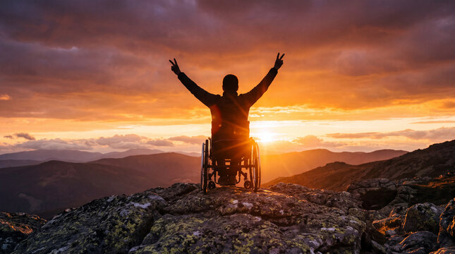 A silhouette of a person in a wheelchair celebrating with arms raised on a rocky mountain summit at sunset, representing achievement and accessibility.