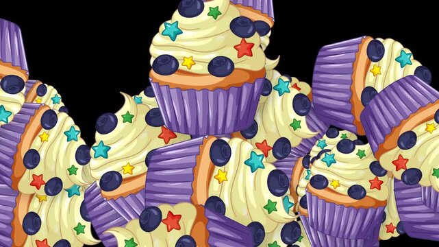 Animated Burst of Colorful Cupcakes with Blueberries and Stars