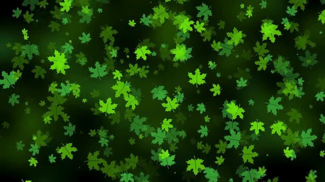 Green maple leaves falling on a dark background