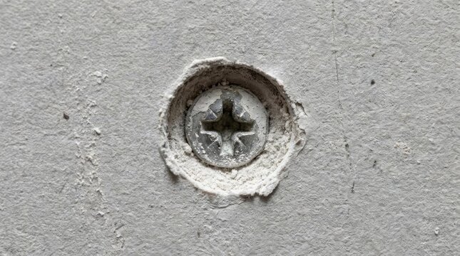 Close-up of metal phillips screw in concrete wall.