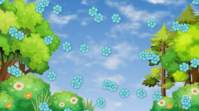 Cartoon Spring Landscape with Blue Flowers Falling Under Blue Sky
