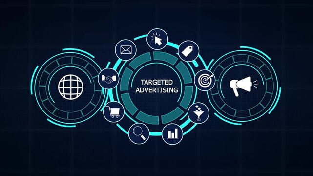 Targeted advertising digital screen featuring consumer market demographic charts and corporate marketing hud icons