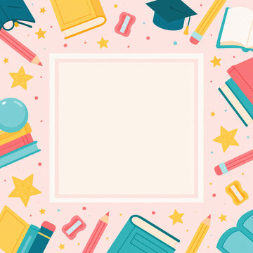 Pastel school border education frame book background student stationery academic template first day of school social media post cute study design blank square modern layout