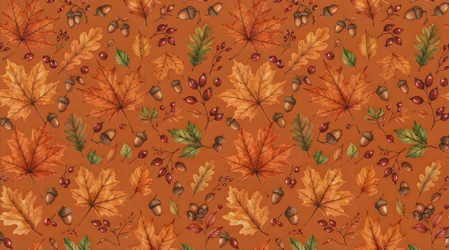 Autumn Maple Leaves and Acorns Seamless Fall Pattern Background