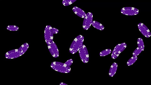 Purple Poker Chips Falling and Bursting Against Black Background