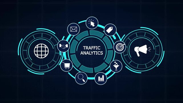 Traffic analytics digital system presenting live website user flow graphs alongside technological HUD monitoring display icons