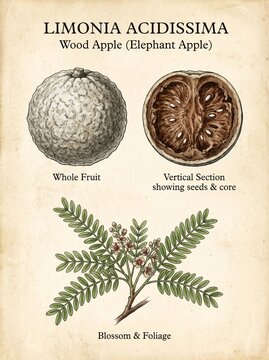 Botanical Illustration of Limonia Acidissima Wood Apple Shell Cut and Pinnate Leaves