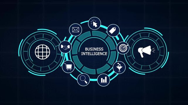 Business intelligence executive UI highlighting strategic decision support graphs and automated enterprise analytics HUD icons