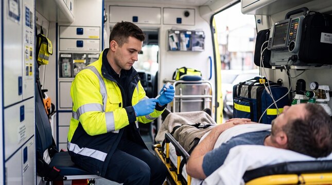Paramedic preparing syringe for patient in ambulance