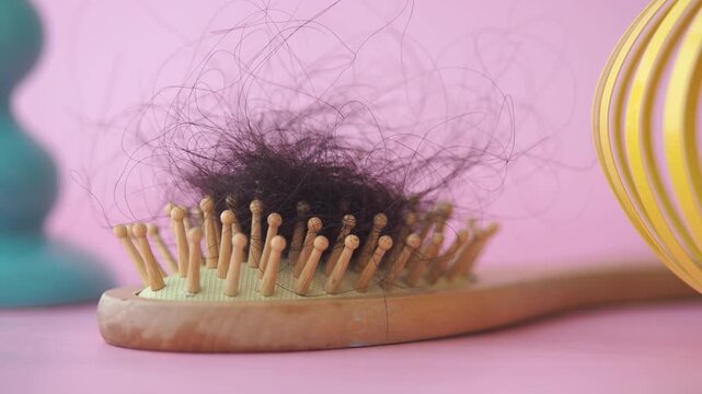 Macro view of fallen hair on wooden hairbrush against pink background showing concept of hair loss and alopecia
