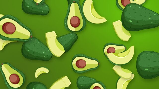 Animated Falling Avocado Halves and Slices on Green Background