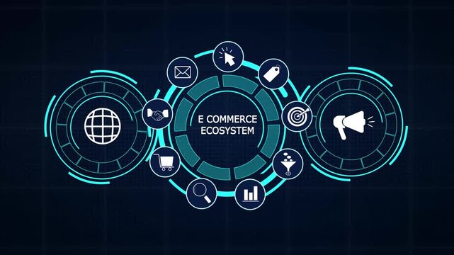 Integrated e commerce ecosystem dashboard presenting marketplace sales data, trade flow statistics, and futuristic commercial UI