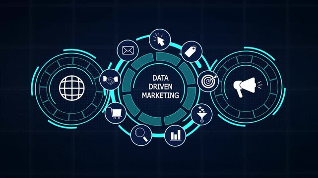 Data driven marketing dashboard UI featuring predictive customer analytics metrics and circular HUD business icons