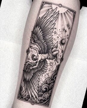Detailed black ink falling angel tattoo on human skin