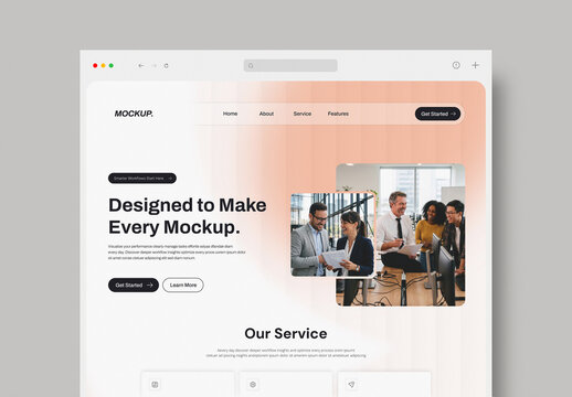 Website Landing Page Mockup in Web Browser