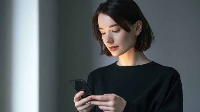 Woman with short dark hair looking down at her glowing smartphone screen while standing against a plain grey background.