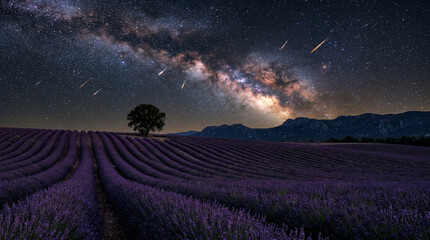 Fototapeta premium Milky Way and meteor shower over lavender field and mountains
