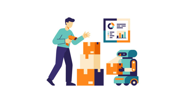 Man Scanning Packages with Barcode Reader Alongside Robot, Stacked Boxes, and Data Dashboard