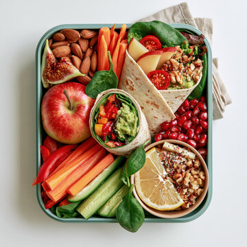 Plant based lunch healthy food school lunch lunch box vegetable wrap fresh fruit nuts vegan meal colorful snack balanced diet Plant based lunch healthy food school lunch lunch box vegetable wrap