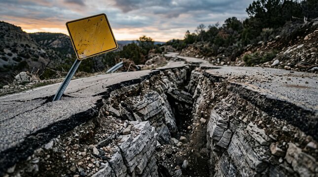 Severe earthquake damage splits asphalt road causing a deep chasm in rocky terrain with a yellow