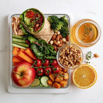 Plant based lunch healthy school lunch vegan lunch box vegetable snack fresh fruit whole grain wrap nuts and seeds clean eating balanced meal kid friendly food plant based lunch healthy school