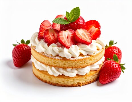 sweet layered sponge cake filled with fresh strawberries and whipped cream