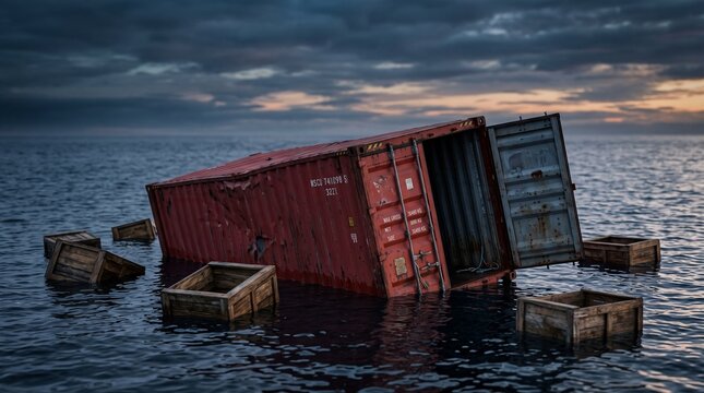 Sunken cargo container adrift at sea with scattered wooden crates under a stormy sky