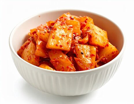 spicy fermented red cabbage side dish in clean white ceramic bowl