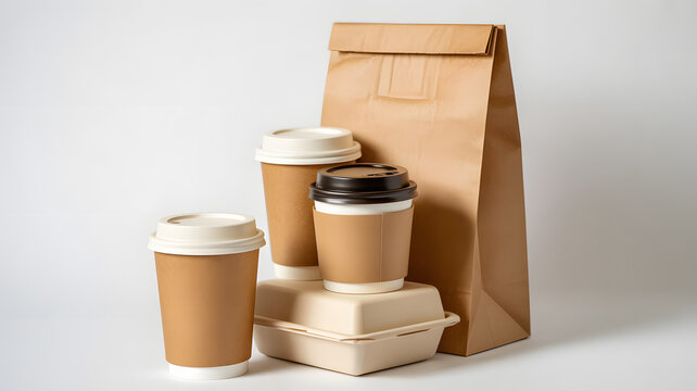 Reusable coffee cups and paper bag arranged on a clean neutral background