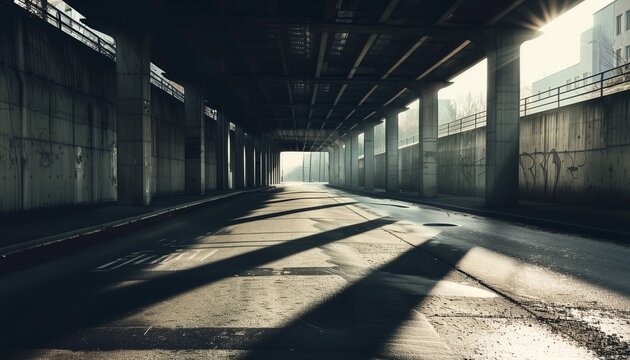 Empty urban underpass with dramatic sunlight and long shadows