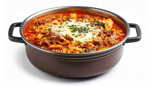 spicy red meat stew baked with melted cheese in dark pot