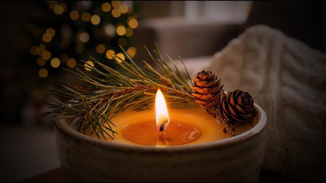 Christmas candle burning in a ceramic bowl decorated with pine branches and cones.