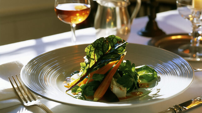 Gourmet salad plate featuring fresh organic greens, baby carrots, and goat cheese, served on an elegant restaurant table with wine