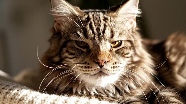 Magnificent fluffy Maine Coon feline featuring stunning long fur and intense gaze, detailed macro portrait of a majestic domestic predator with tufted ears in high resolution cinema quality.