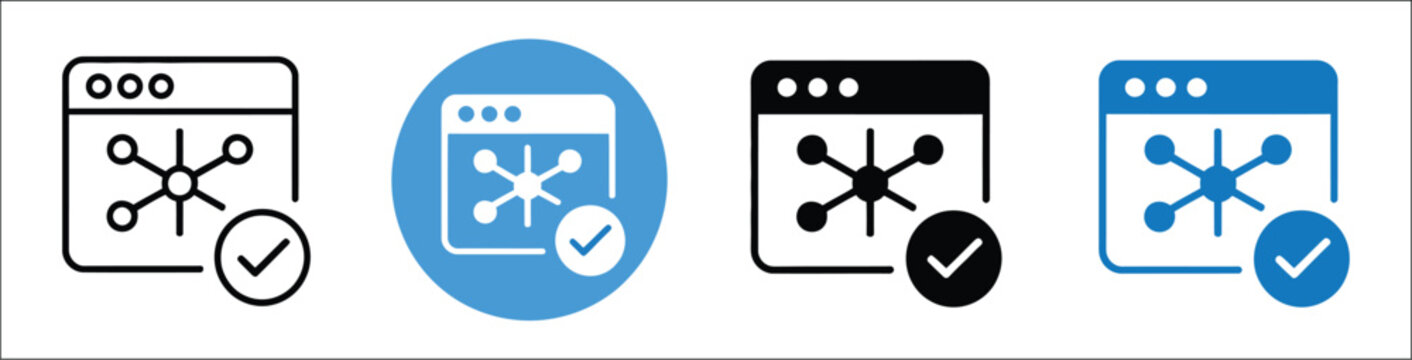 Software, version control git branch icons, successful deployment workflow, development process, check mark, and repository management vector illustration set.