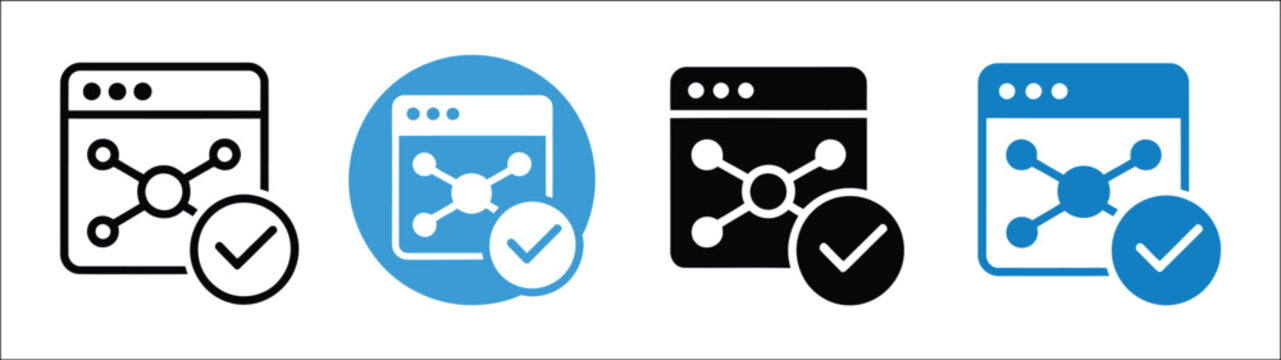 Software, version control git branch icons, successful deployment workflow, development process, check mark, and repository management vector illustration set.