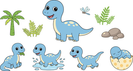 Cute Blue Brontosaurus Dinosaur Cartoon Character Set with Different Poses Hatching from Egg and Tropical Plants for Kids Graphic Sticker Designs © Lal