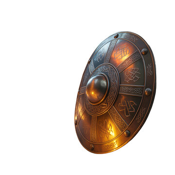 Old rustic metal shield with golden glow and intricate patterns for medieval fantasy battle isolated on transparent background