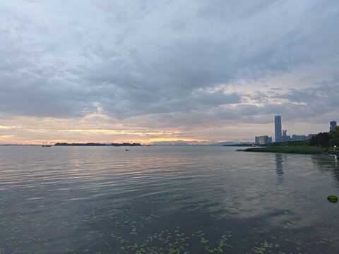 Sunset Over Suzhou Bay Waterfront and Skyline in Suzhou China