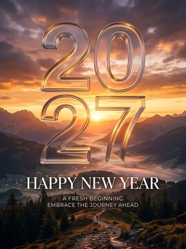 Happy New Year 2027 greeting card with golden glass numbers over a scenic mountain landscape during a beautiful sunrise