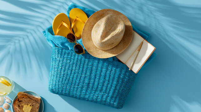 Summer beach bag with straw hat sunglasses flip flops and towel for vacation on blue background with palm shadows.