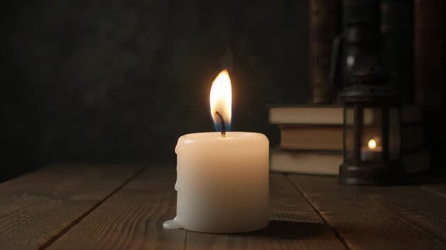 Candle burning on a rustic wooden table next to old books and a lantern.