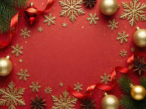 Festive horizontal background with snowflake, ribbon and golden baubles on red. Perfect christmas template for sale banners and greetings.