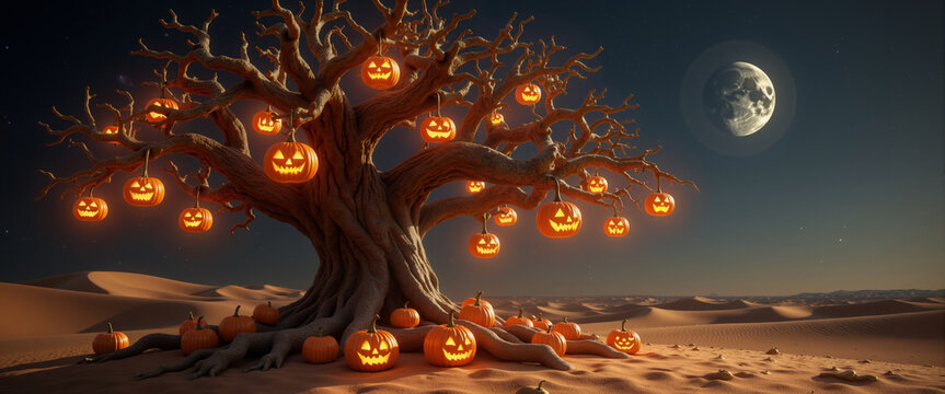 Giant dead tree adorned with glowing jack-o'-lanterns in dark desert for Halloween event posters, spooky blog headers, and fantasy illustrations