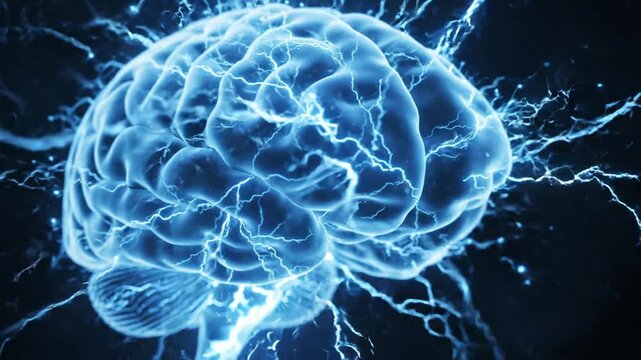 Glowing human brain with electrical pulses on dark background