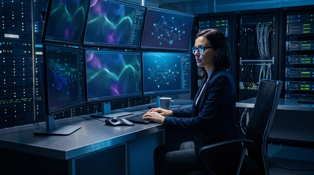 Cybersecurity analyst monitoring data center screens in modern server room with network visualization coding dashboards and IT infrastructure security