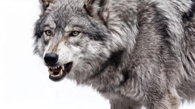 Grey wolf with an intense gaze, displaying its fluffy fur while standing. The wolf is isolated on a white background. Video made using Generative AI.