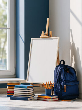 School classroom education blank sign template easel backpack book pencil first day of school blank sign wooden easel bright classroom corner with backpack books and pencils ready for learning