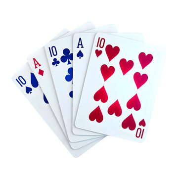 Five playing cards with hearts spades and clubs are fanned on transparent background