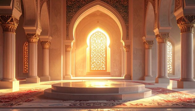 Bright sunlight streams through an ornate arched window inside a traditional mosque.